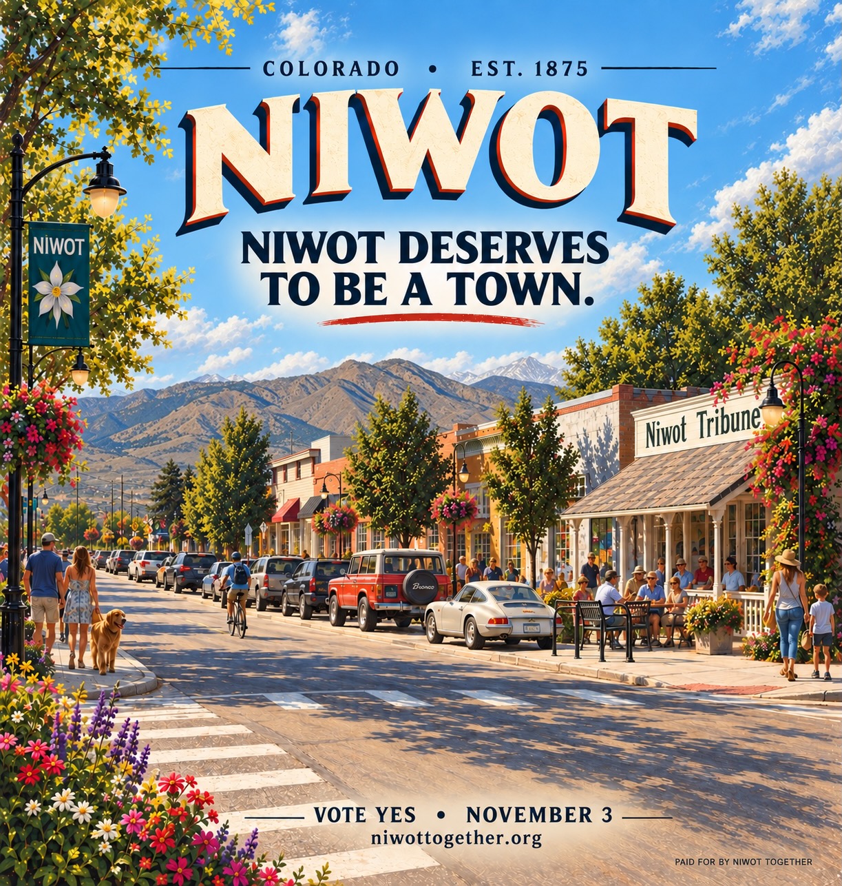Illustrated campaign poster of Second Avenue in summer under a blue sky, the Front Range behind it: people walking a golden retriever, a cyclist, a red Bronco and a white Porsche parked along the kerb, diners outside the Niwot Tribune building, flower baskets on the lamp posts and a NIWOT banner. Across the sky in large type, COLORADO — EST. 1875 — NIWOT, and beneath it NIWOT DESERVES TO BE A TOWN. Vote Yes, November 3, niwottogether.org.