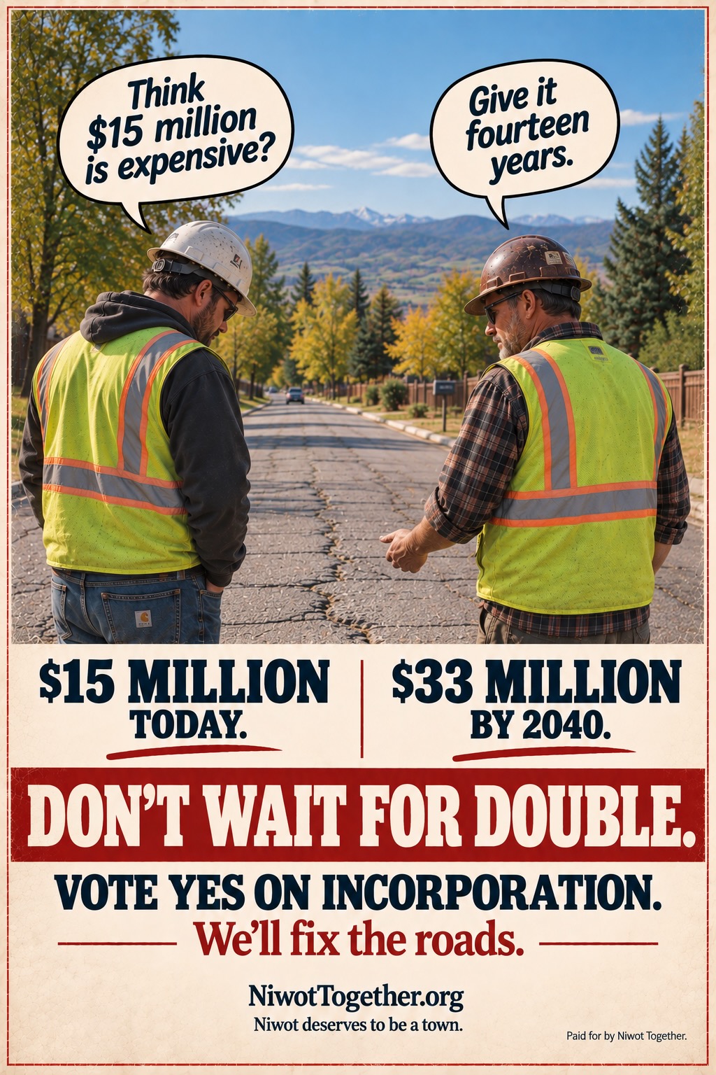 Campaign poster. Two road workers in hi-vis vests and hard hats stand with their backs to the camera looking down a cracked, patched Niwot residential street lined with autumn trees, the Front Range beyond. One says “Think $15 million is expensive?”; the other, gesturing at the pavement, answers “Give it fourteen years.” Beneath, $15 MILLION TODAY. $33 MILLION BY 2040. DON’T WAIT FOR DOUBLE. Vote Yes on incorporation. We’ll fix the roads. NiwotTogether.org. Niwot deserves to be a town. Paid for by Niwot Together.