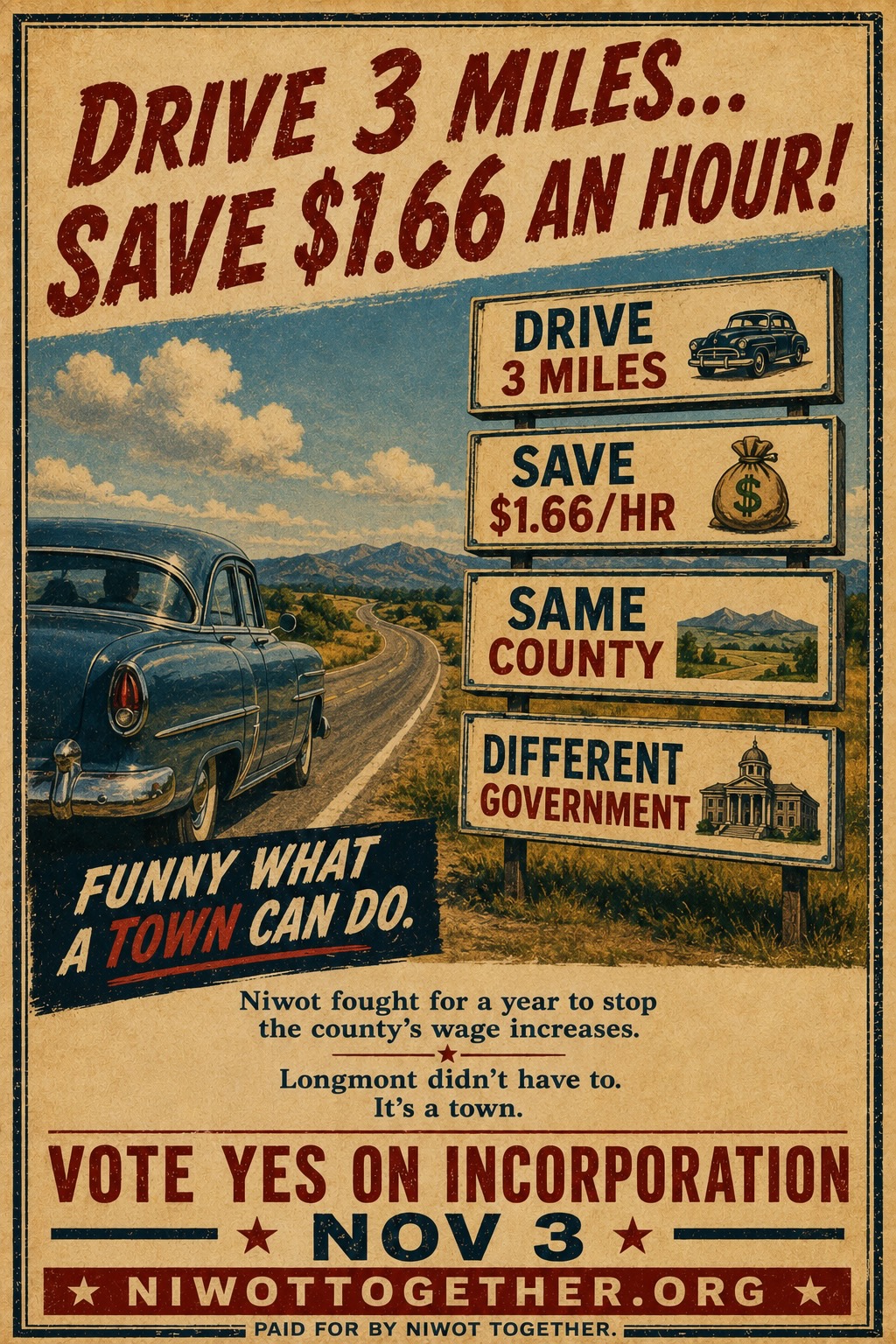 Campaign poster in the style of a vintage roadside billboard series reading DRIVE 3 MILES… SAVE $1.66 AN HOUR, with successive signs for drive 3 miles, save $1.66 an hour, same county, different government, beside an illustration of a 1950s car on an open road below the Front Range. Funny what a town can do. Niwot fought for a year to stop the county’s wage increases; Longmont didn’t have to, it’s a town. Vote Yes on incorporation, November 3.