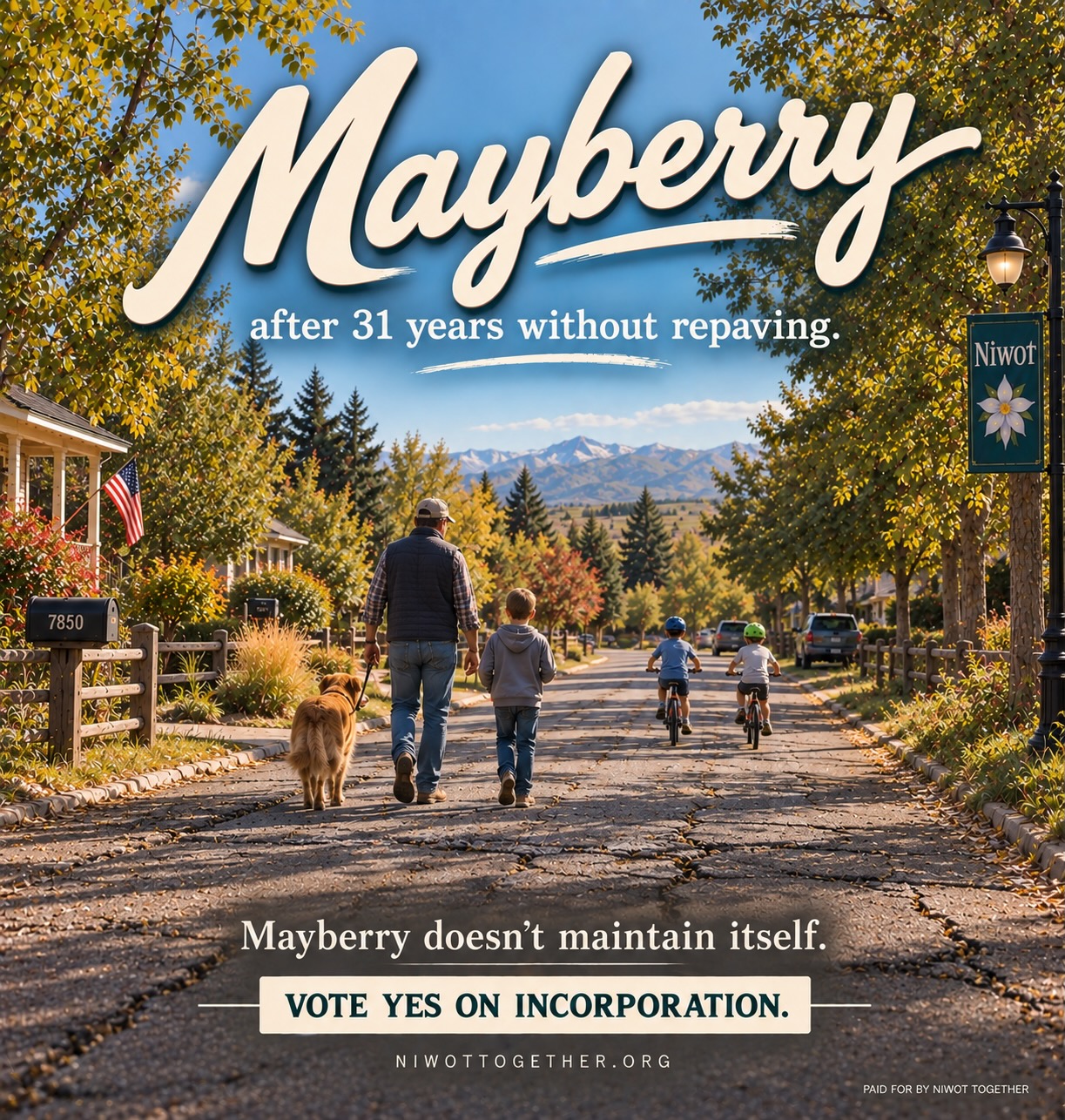 Campaign poster reading Mayberry, after 31 years without repaving, in script across a blue sky. Beneath it a photograph looking down a tree-lined Niwot residential street in autumn: a man walking a golden retriever beside a boy, two children ahead of them on bicycles, a flag on a porch, a NIWOT lamp-post banner, and the snow-topped Front Range in the distance — the road surface in the foreground visibly cracked and patched. Along the bottom, Mayberry doesn’t maintain itself. Vote Yes on incorporation, niwottogether.org.