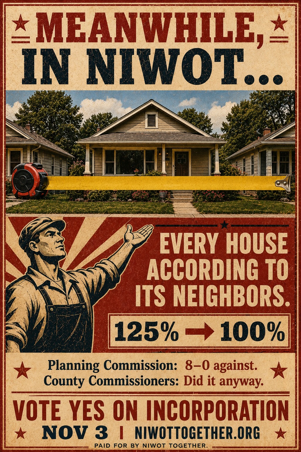 Campaign poster headed MEANWHILE, IN NIWOT… over a photograph of a single-storey house with a surveyor's tape measure stretched across its full width, above a red panel with an illustrated workman and the line EVERY HOUSE ACCORDING TO ITS NEIGHBORS, 125% to 100%. Planning Commission: 8–0 against. County Commissioners: did it anyway. Vote Yes on incorporation, November 3.