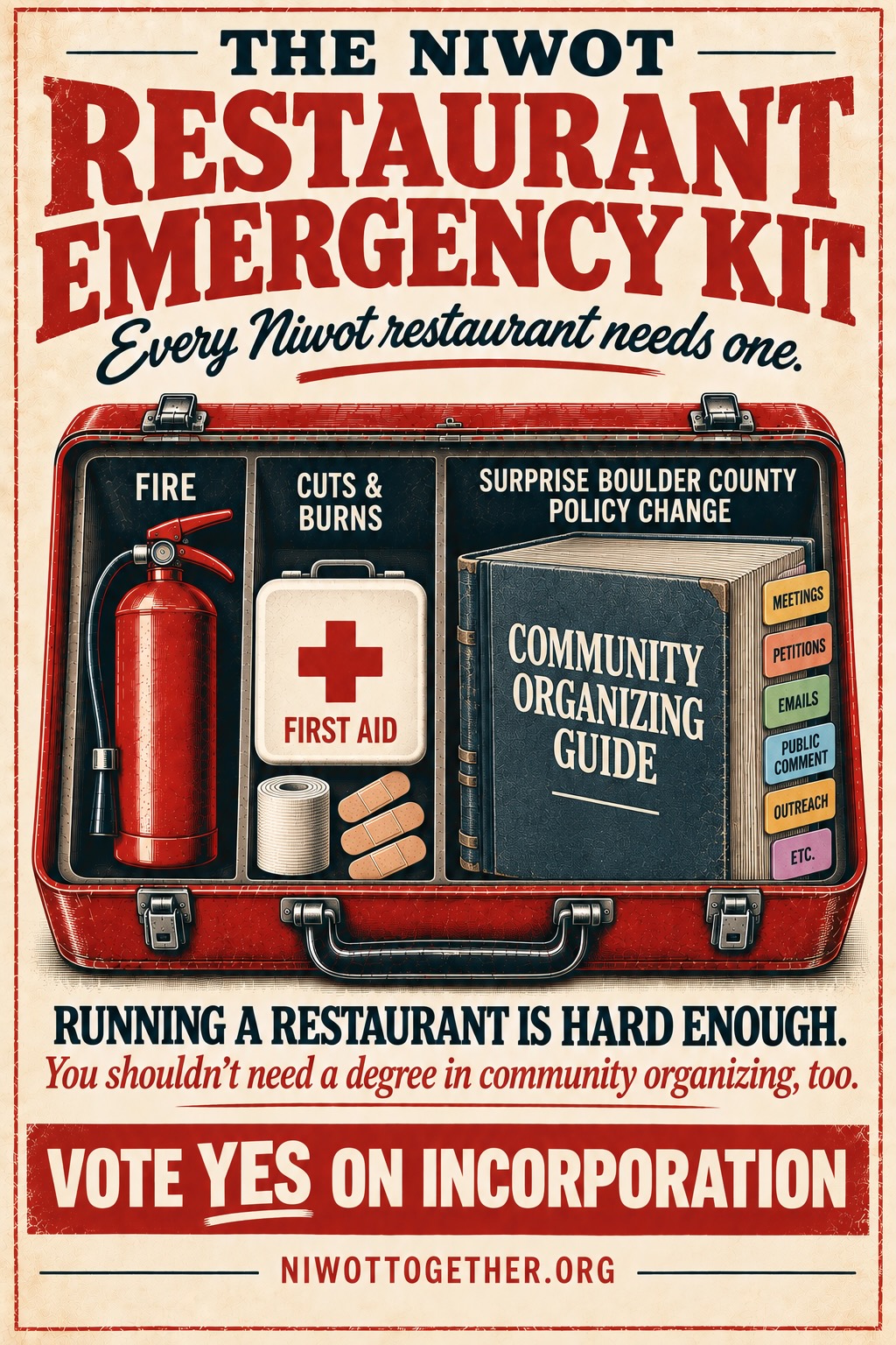 Campaign poster styled as a vintage advertisement, headed THE NIWOT RESTAURANT EMERGENCY KIT over the line “Every Niwot restaurant needs one.” An open red metal case is divided into three compartments: FIRE, holding a fire extinguisher; CUTS & BURNS, holding a first aid tin, bandages and a gauze roll; and SURPRISE BOULDER COUNTY POLICY CHANGE, holding a thick volume titled COMMUNITY ORGANIZING GUIDE with tabs reading meetings, petitions, emails, public comment, outreach and etc. Beneath: RUNNING A RESTAURANT IS HARD ENOUGH. You shouldn’t need a degree in community organizing, too. Vote Yes on incorporation, niwottogether.org.