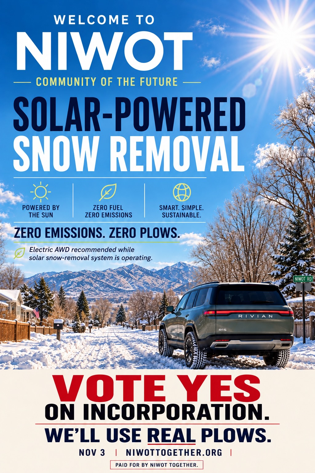 Satirical campaign poster styled as a civic welcome sign: WELCOME TO NIWOT, COMMUNITY OF THE FUTURE — SOLAR-POWERED SNOW REMOVAL, with icons for powered by the sun, zero fuel and zero emissions, and smart, simple, sustainable. Over a photograph of an unplowed snow-covered residential street in bright sun, a wooden fence, mailboxes, a flag on a porch, bare winter trees and the snow-capped Front Range behind: zero emissions, zero plows, and electric all-wheel drive recommended while the solar snow-removal system is operating. An electric SUV drives away down the unplowed lane leaving the only tracks, past a NIWOT RD sign. Vote Yes on incorporation — we’ll use real plows. November 3.