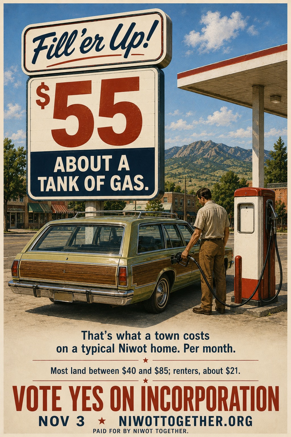 Campaign poster styled as a vintage filling-station sign reading Fill ’er Up! $55, about a tank of gas, above an illustration of a man refuelling a wood-panelled station wagon at a small-town pump with the Front Range behind. That is what a town costs on a typical Niwot home, per month; most land between $40 and $85, renters about $21. Vote Yes on incorporation, November 3.