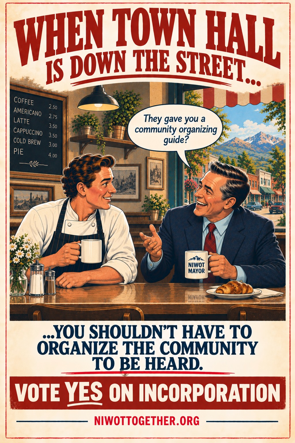 Campaign poster headed WHEN TOWN HALL IS DOWN THE STREET… A chef in a white jacket and striped apron sits at a coffee-shop counter with a mug, beside a smiling man in a dark suit and red tie holding a mug marked NIWOT MAYOR. The mayor says “They gave you a community organizing guide?” A chalkboard menu lists coffee, americano, latte, cappuccino, cold brew and pie; through the window are a main street and the Front Range. Beneath: …you shouldn’t have to organize the community to be heard. Vote Yes on incorporation. niwottogether.org.