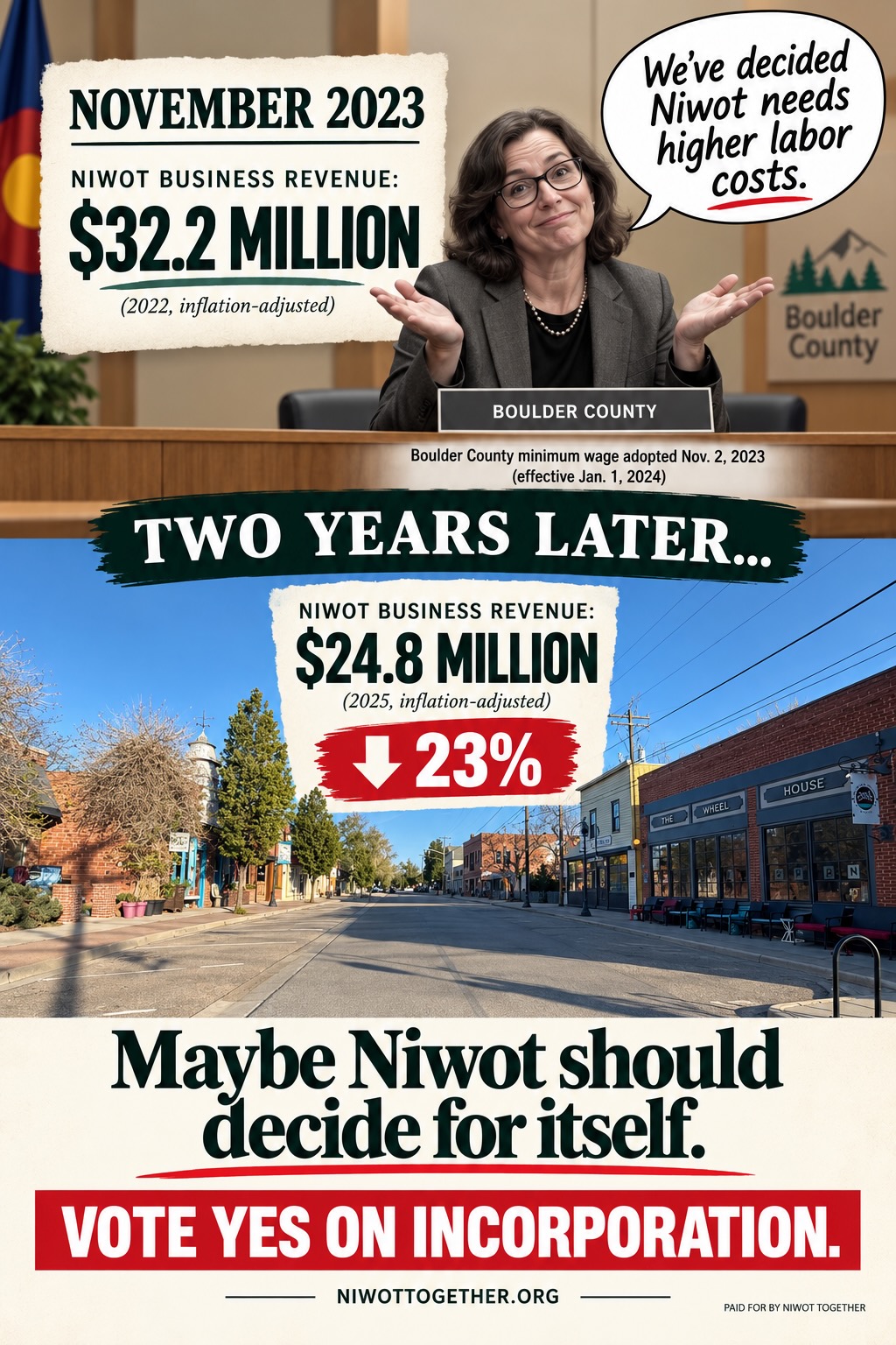 Campaign poster in two halves. Above, a Boulder County commissioner shrugging at the dais with a speech bubble reading “We’ve decided Niwot needs higher labor costs,” beside a torn-paper panel: NOVEMBER 2023, Niwot business revenue $32.2 million, 2022 inflation-adjusted, with a caption noting the Boulder County minimum wage was adopted 2 November 2023, effective 1 January 2024. Below, TWO YEARS LATER over a photograph of an empty Second Avenue in Niwot, and a second panel: Niwot business revenue $24.8 million, 2025 inflation-adjusted, down 23 per cent. Beneath, Maybe Niwot should decide for itself. Vote Yes on incorporation, niwottogether.org.