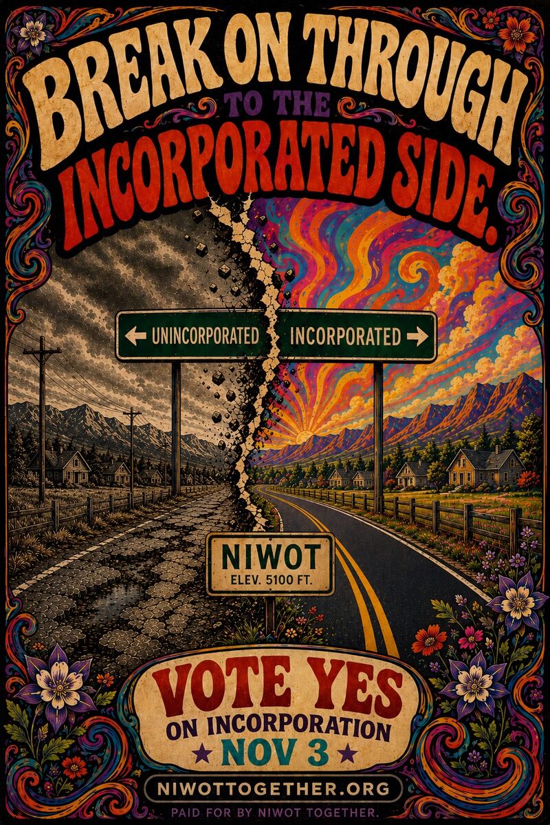 Poster of a road splitting between a grey cracked unincorporated side and a bright paved incorporated side, reading Break On Through To The Incorporated Side. Vote Yes on incorporation, November 3.