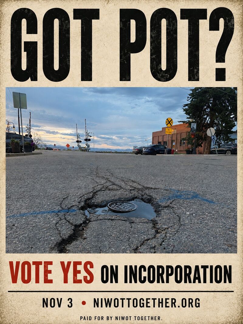 Campaign poster reading GOT POT? over a photograph of a water-filled pothole on a Niwot street at dusk, with the railroad crossing and the Front Range behind it. Vote Yes on incorporation, November 3.