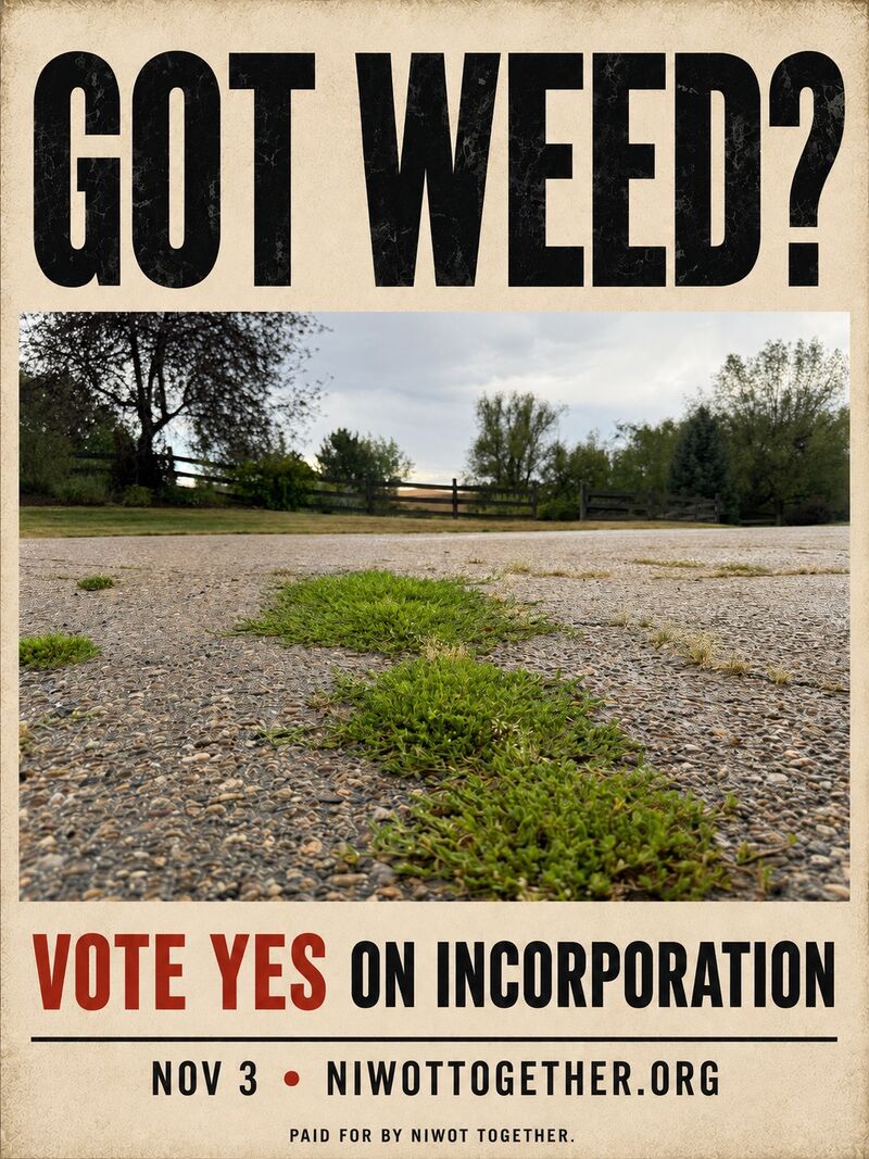 Campaign poster reading GOT WEED? over a photograph of weeds growing through cracked pavement on a Niwot street. Vote Yes on incorporation, November 3.