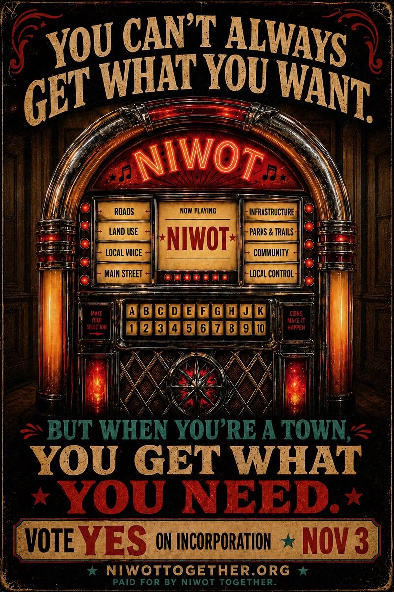Poster of a jukebox whose selections are Niwot services, reading: you can't always get what you want, but when you're a town, you get what you need. Vote Yes on incorporation, November 3.