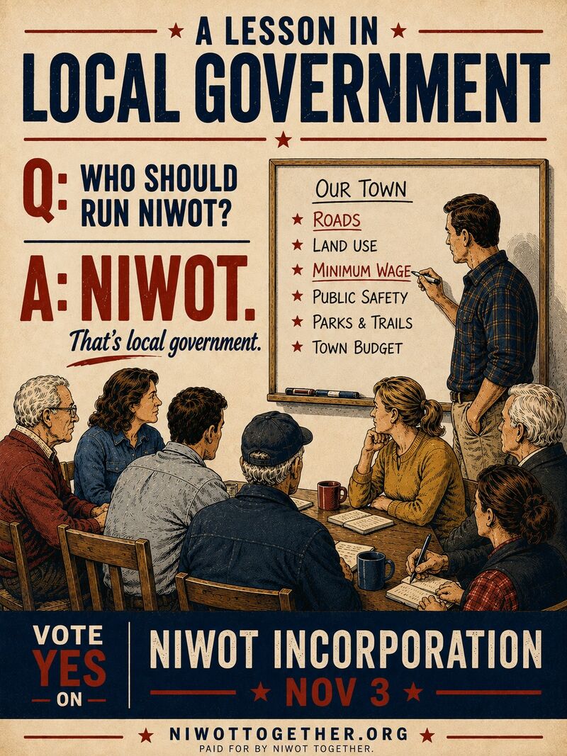 Poster of neighbours around a meeting table before a whiteboard listing roads, land use, minimum wage, public safety, parks and trails and town budget. A lesson in local government: who should run Niwot? Niwot. That’s local government. Vote Yes on incorporation, November 3.