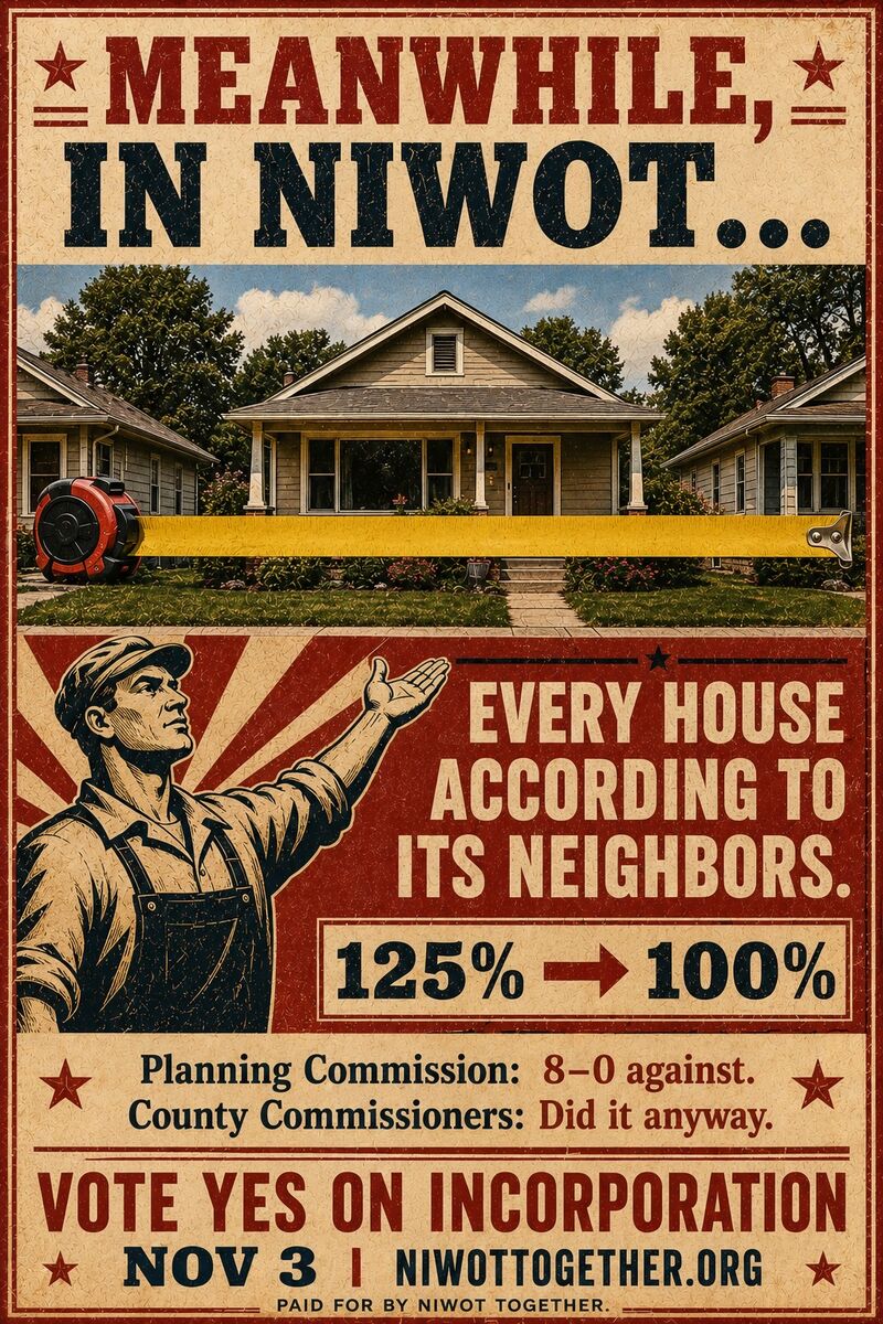 Campaign poster headed MEANWHILE, IN NIWOT… over a photograph of a single-story house with a surveyor's tape measure stretched across its full width, above a red panel with an illustrated workman and the line EVERY HOUSE ACCORDING TO ITS NEIGHBORS, 125% to 100%. Planning Commission: 8–0 against. County Commissioners: did it anyway. Vote Yes on incorporation, November 3.