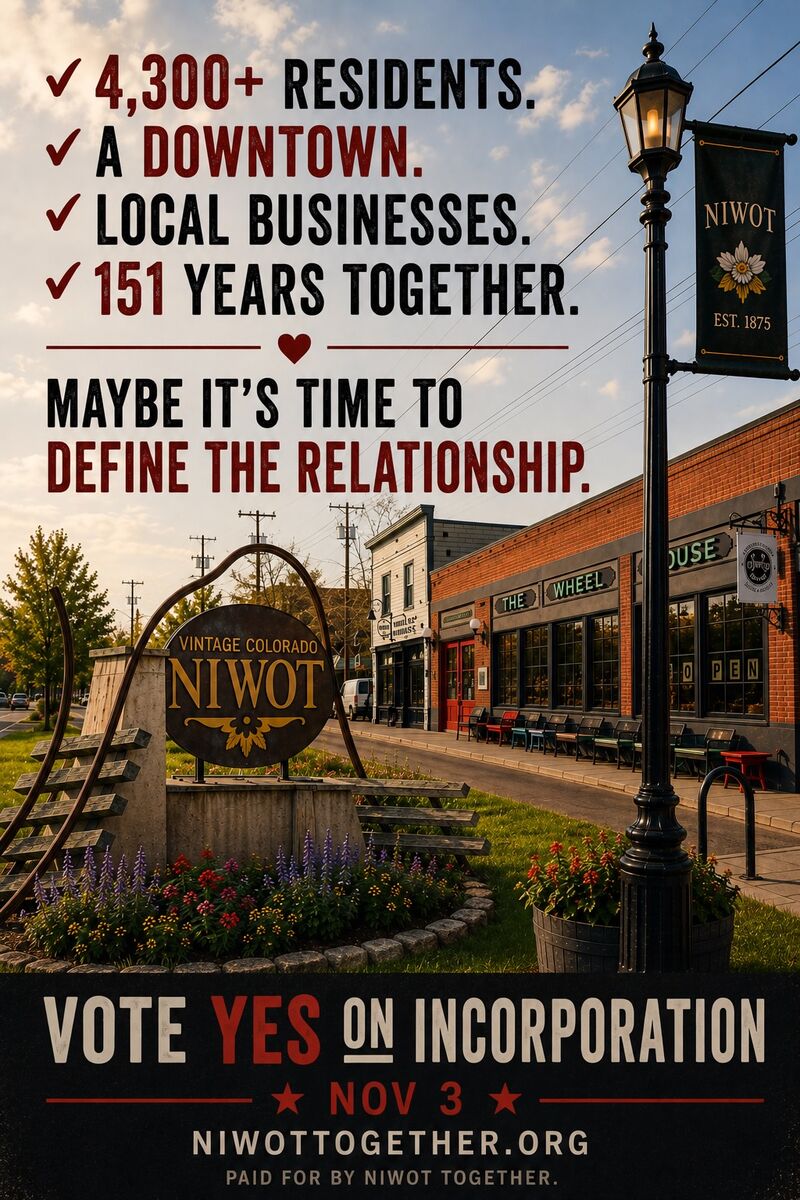Poster over a photograph of downtown Niwot listing 4,300+ residents, a downtown, local businesses and 151 years together, asking whether it is time to define the relationship. Vote Yes on incorporation, November 3.