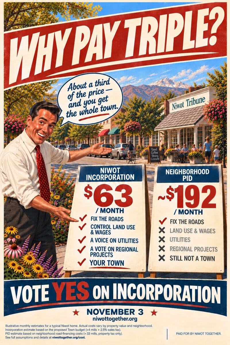 Campaign poster headed WHY PAY TRIPLE? over a sunlit Niwot streetscape with the Front Range behind it and a Niwot Tribune storefront at the right. A grinning man in shirtsleeves gestures at two sandwich boards, a speech bubble beside him reading “About a third of the price — and you get the whole town.” The left board, Niwot Incorporation, reads $63 a month with ticks against fix the roads, control land use and wages, a voice on utilities, a vote on regional projects, and your town. The right board, Neighborhood PID, reads about $192 a month with a tick against fix the roads and crosses against land use and wages, utilities, regional projects, and still not a town. Beneath: Vote Yes on incorporation, November 3, niwottogether.org. A footnote states both are illustrative monthly estimates for a typical Niwot home that vary by property value and neighborhood, incorporation at about 4 mills plus 2.5% sales tax and the district at about 33 mills of property tax only, and the card carries a paid-for-by Niwot Together disclaimer.
