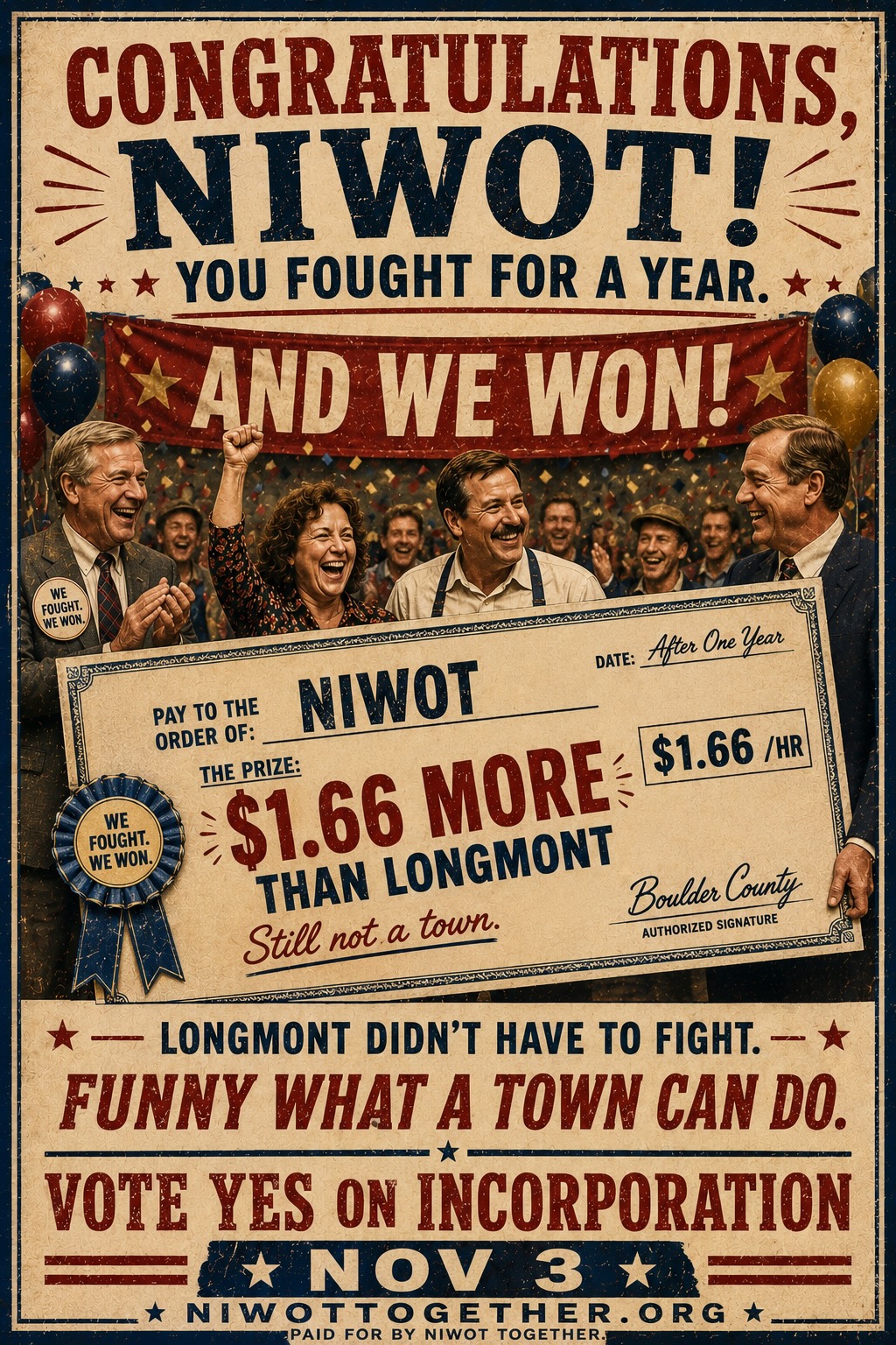 Campaign poster reading CONGRATULATIONS, NIWOT! You fought for a year, and we won — over an illustration of neighbours cheering behind an oversized novelty cheque made out to Niwot, the prize being $1.66 more an hour than Longmont, annotated Still not a town and signed Boulder County. Longmont didn’t have to fight. Funny what a town can do. Vote Yes on incorporation, November 3.