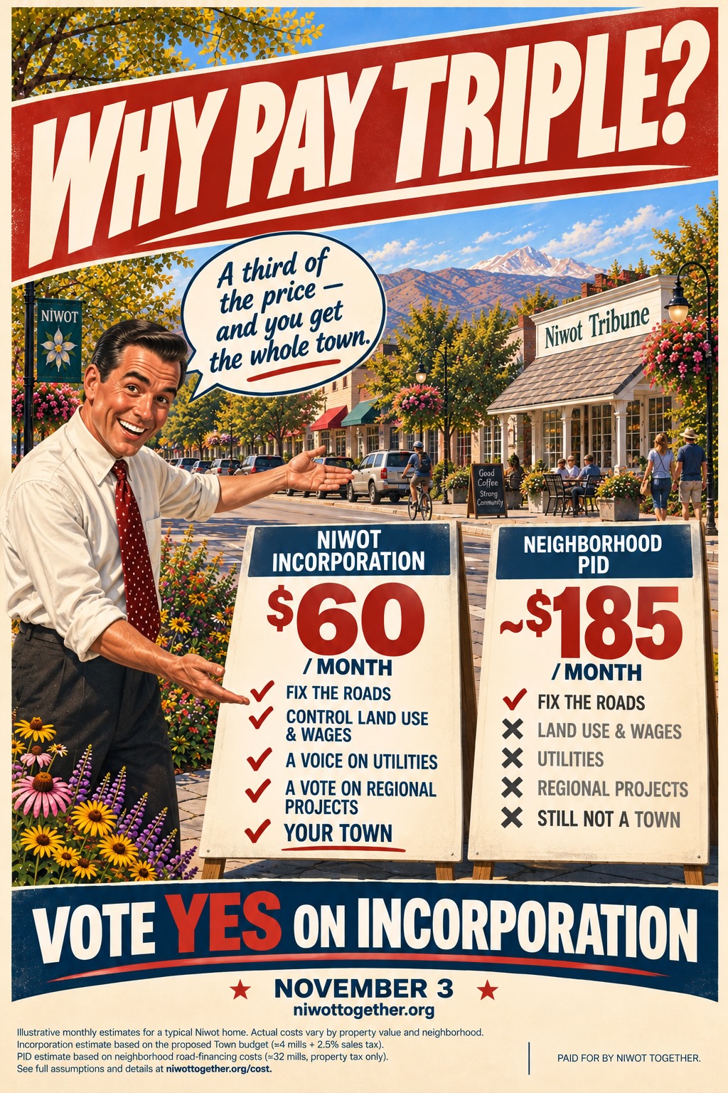 Campaign poster headed WHY PAY TRIPLE? over a sunlit Niwot streetscape with the Front Range behind it. A grinning man in shirtsleeves gestures at two sandwich boards, a speech bubble beside him reading “A third of the price — and you get the whole town.” The left board, Niwot Incorporation, reads $60 a month with ticks against fix the roads, control land use and wages, a voice on utilities, a vote on regional projects, and your town. The right board, Neighborhood PID, reads about $185 a month with a tick against fix the roads and crosses against land use and wages, utilities, regional projects, and still not a town. Beneath: Vote Yes on incorporation, November 3, niwottogether.org. A footnote states both are illustrative monthly estimates for a typical Niwot home, incorporation at about 4 mills plus 2.5% sales tax and the district at about 32 mills of property tax only.